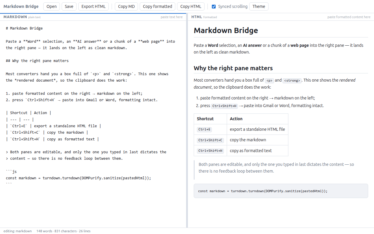 Markdown Bridge in light theme: markdown on the left, formatted document on the right